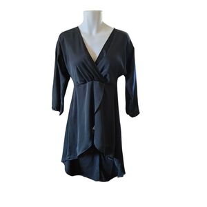 Black Faux Wrap V Neck High Low Hem‎ Dress 3/4 Sleeve